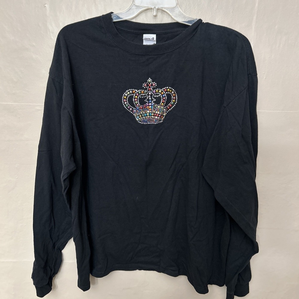 Anvil Black Long Sleeve Tee with Multicolor Rhinestone Crown Accent